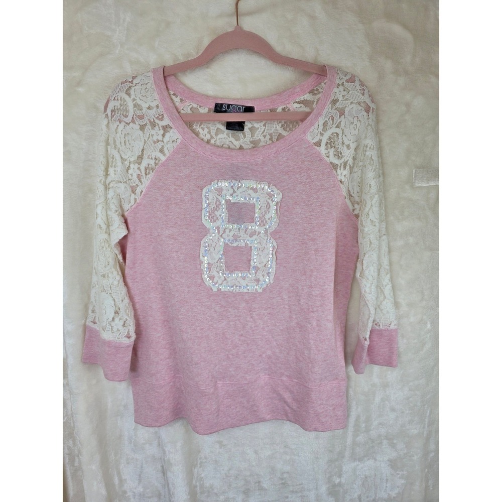 Sugar‎ Rush Pink Lace Sleeve Sequin 8 Graphic Top Womens Large Mixed Media NWT